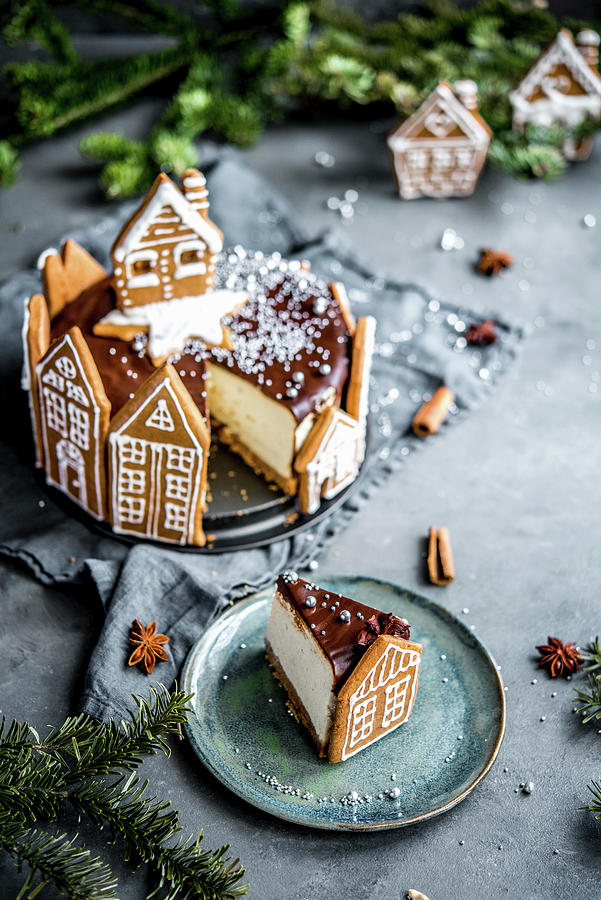 Christmas Chocolate Cheesecake Decorated With Gingerbread Cottages Photograph by Diana Kowalczyk