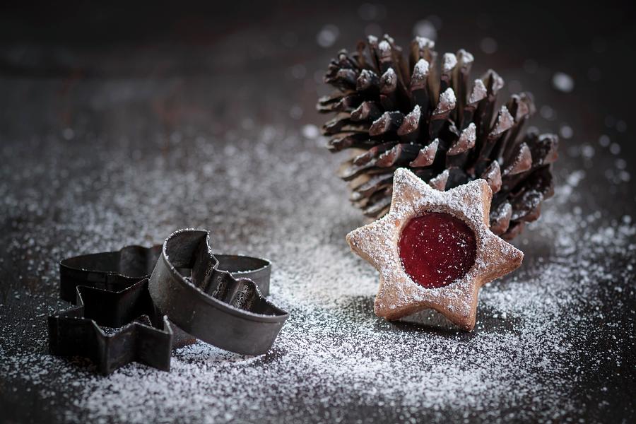 Christmas Cookie In Front Of A Pine Cone, Old Cookie Cutter Photograph by Susan Brooks-dammann