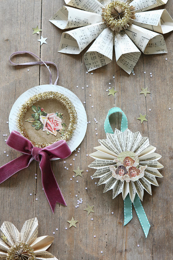 Christmas Decorations Handcrafted From Book Pages, Scrapbook Pictures Of Rose And Angel, Ribbons And Glitter Photograph by Regina Hippel