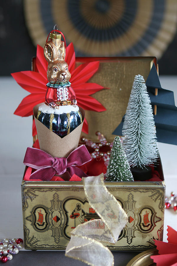 Christmas Decorations Shaped Like Rabbit And Tree In Vintage Tin Photograph by Regina Hippel