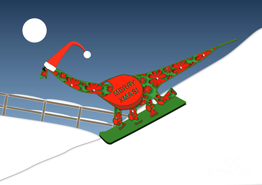 Christmas Dinosaur Snowboarding in a Santa Hat  Digital Art by Barefoot Bodeez Art