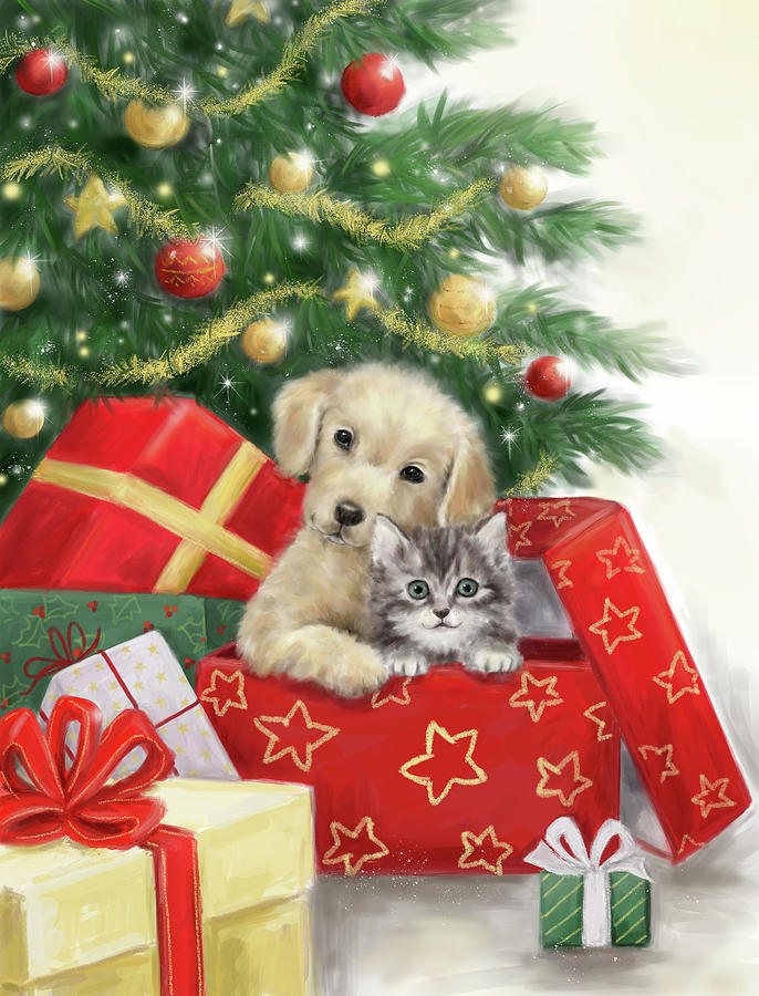 Dog Mixed Media - Christmas Dog And Cat In Box by Makiko