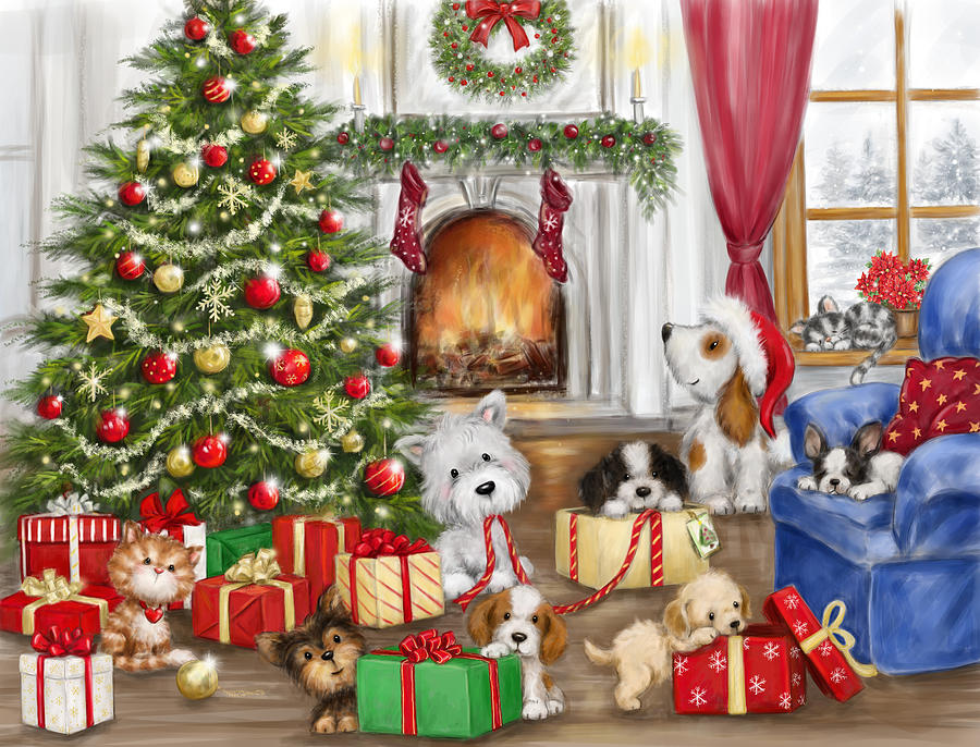 Animal Mixed Media - Christmas Dogs And Cats by Makiko