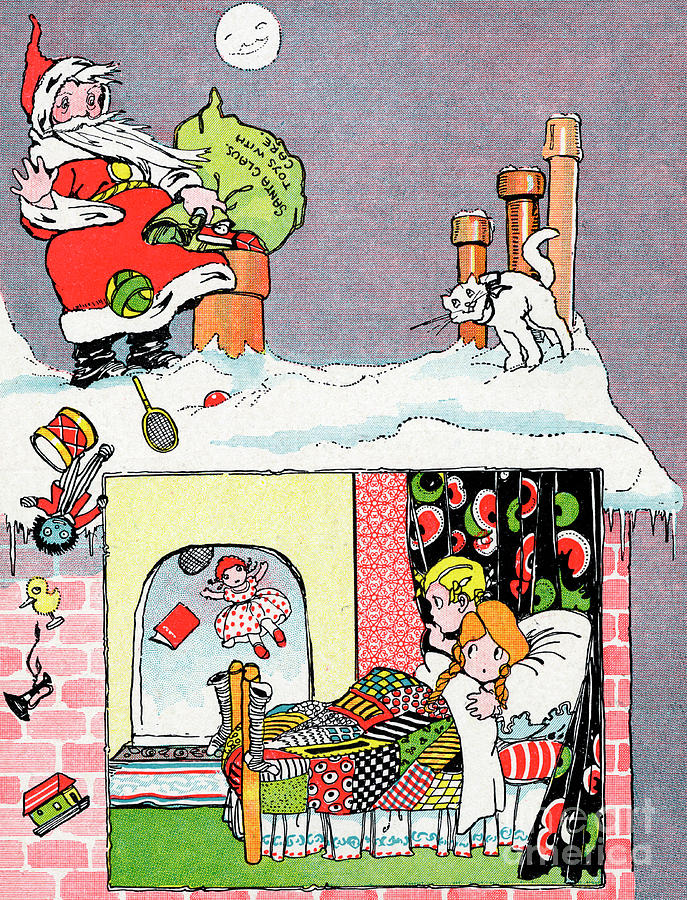 Christmas Eve Father Christmas with his sack of presents Drawing by English School