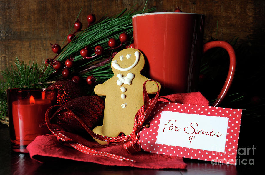 Christmas Eve setting with gingerbread and red cup of coffee for Santa Photograph by Milleflore Images
