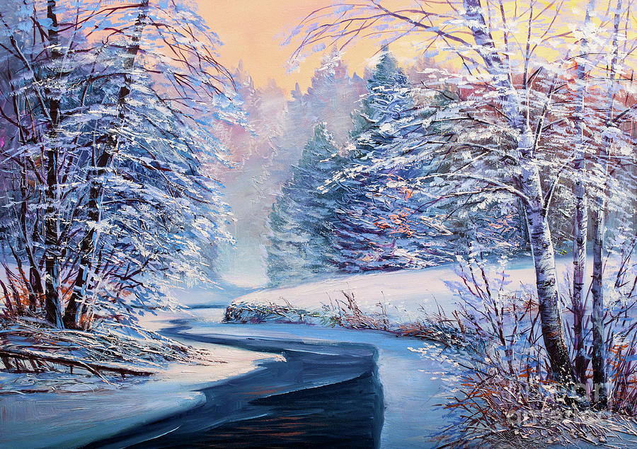Christmas Forest With River Digital Art by Sbelov