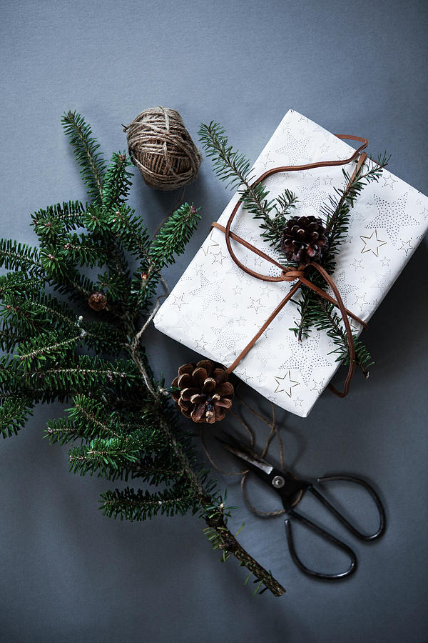 Christmas Gift Wrapping With Pine Branch And Pinecones Photograph by Hej.hem Interior