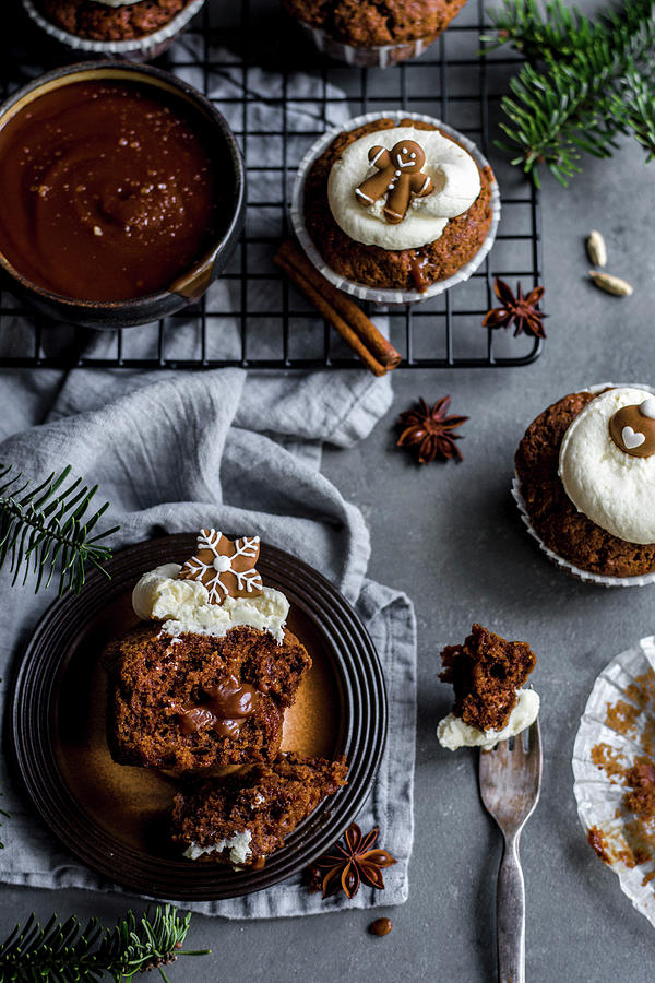 Christmas Gingerbread Cupcakes With Mascarpone Frosting And Caramel Photograph by Diana Kowalczyk