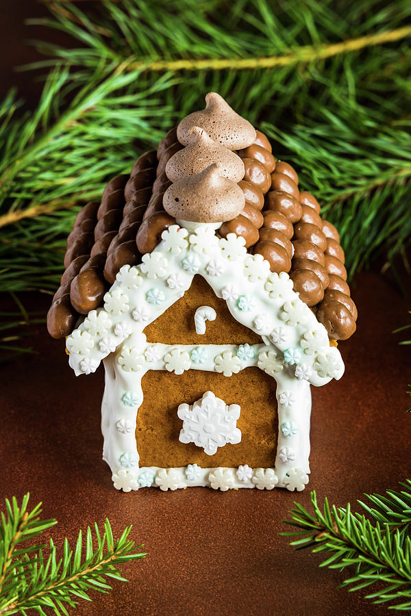 Christmas Gingerbread House Decorated With Candies And Royal Icing Photograph by Alla Machutt