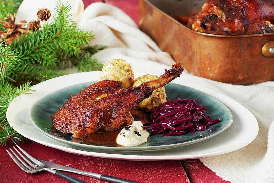 Christmas Goose With Pretzel Dumplings, Caramelised Red Cabbage And Celery Truffle Pure Photograph by Studio R. Schmitz