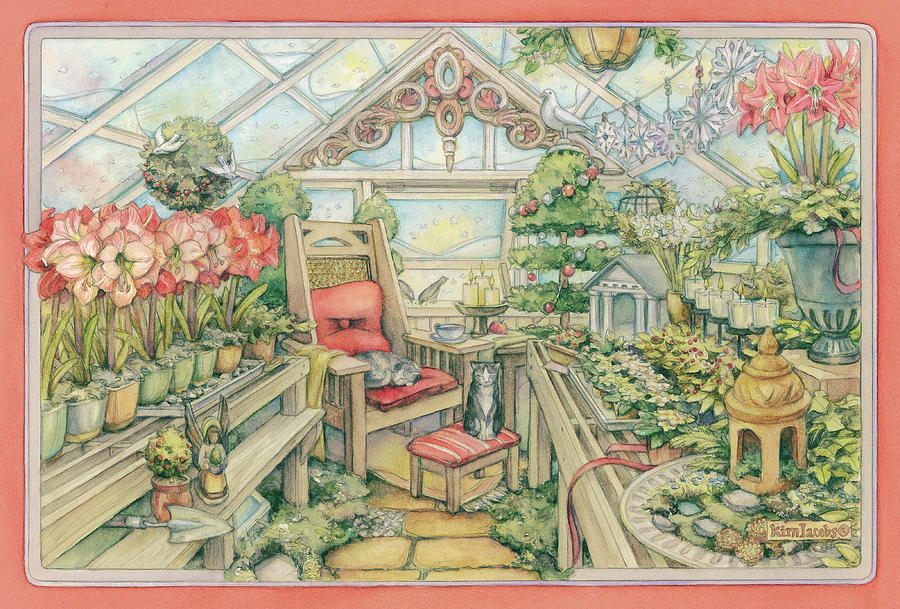 Cat Painting - Christmas Greenhouse by Kim Jacobs