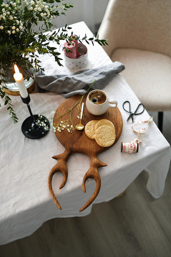 Christmas Holiday Table Coffee Mug Candle Holder Almond Cookies Wooden Board Photograph by Karolina Smyk
