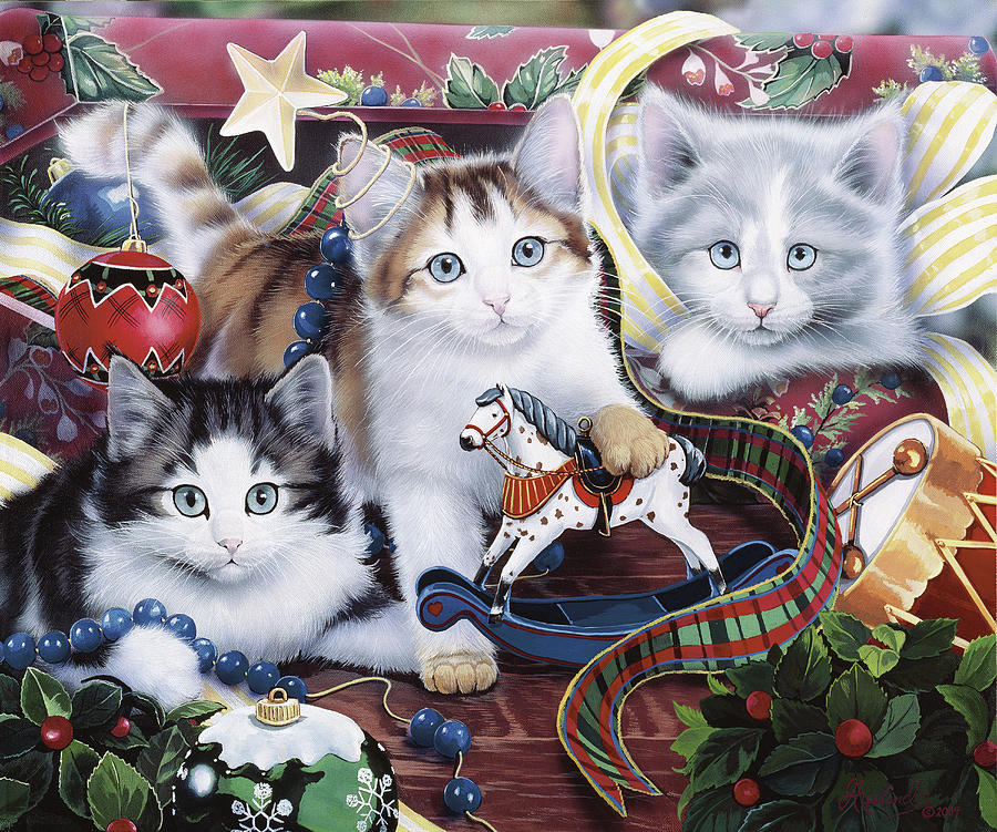 Animal Painting - Christmas Kittens And All The Trimns by Jenny Newland