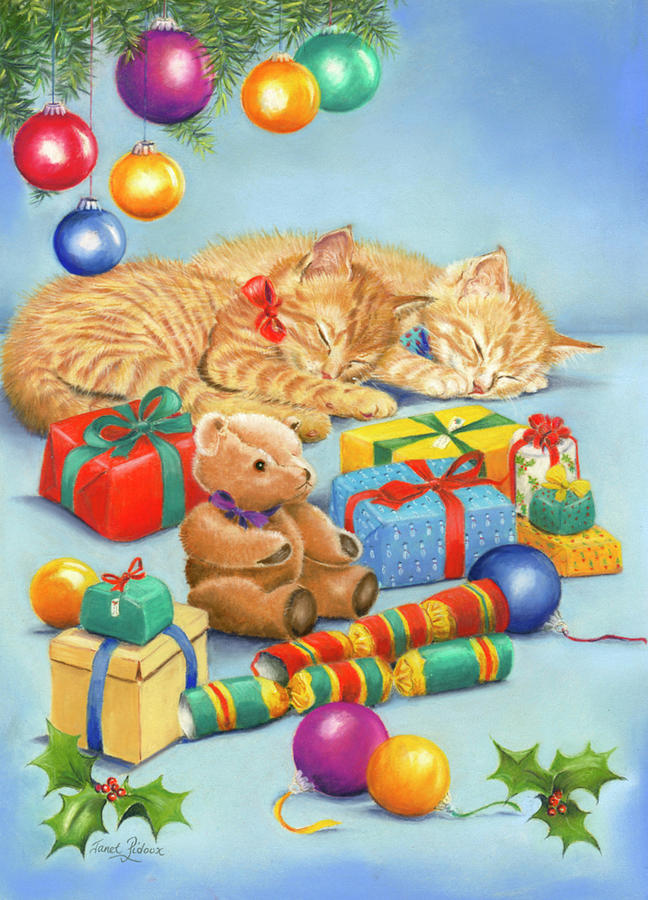 Animal Painting - Christmas Kittens by Janet Pidoux
