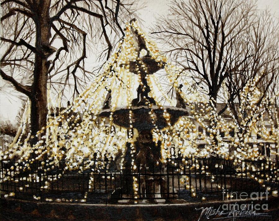 Christmas Painting - Christmas Lights in Gold-Fountain Square Park by Misha Ambrosia