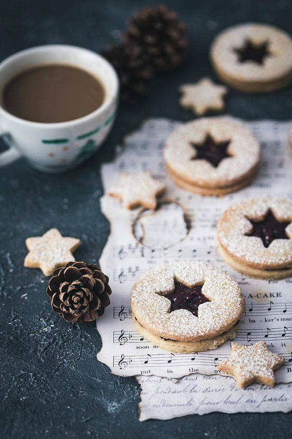 Christmas Linzer Cookies And A Cup Of Coffee Photograph by Malgorzata Laniak