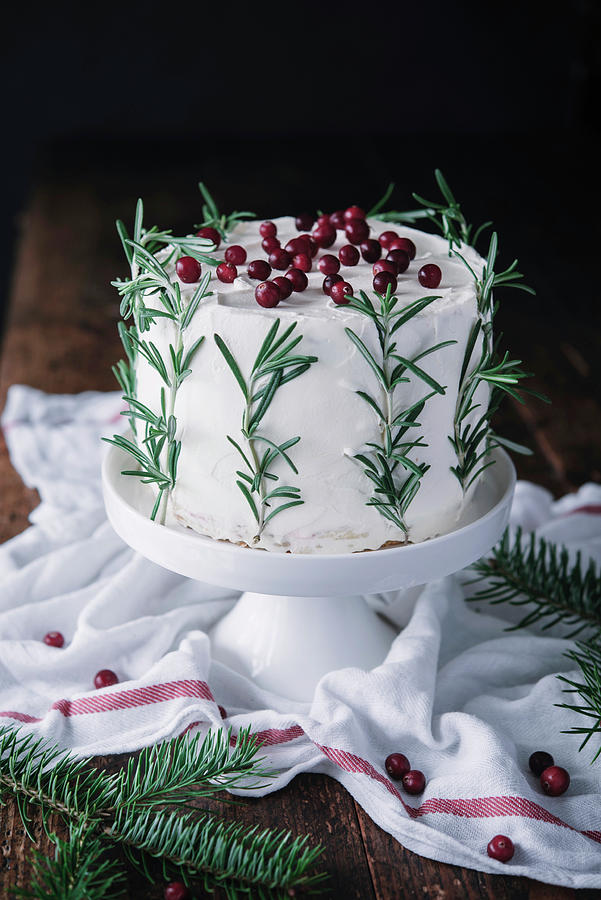Christmas Mascarpone Cake Decorated With Rosemary And Cranberries Photograph by Justina Ramanauskiene