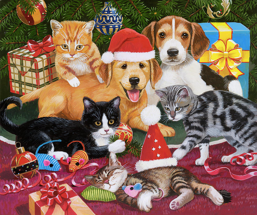 Holiday Painting - Christmas Meeting - Kittens And Puppies by William Vanderdasson