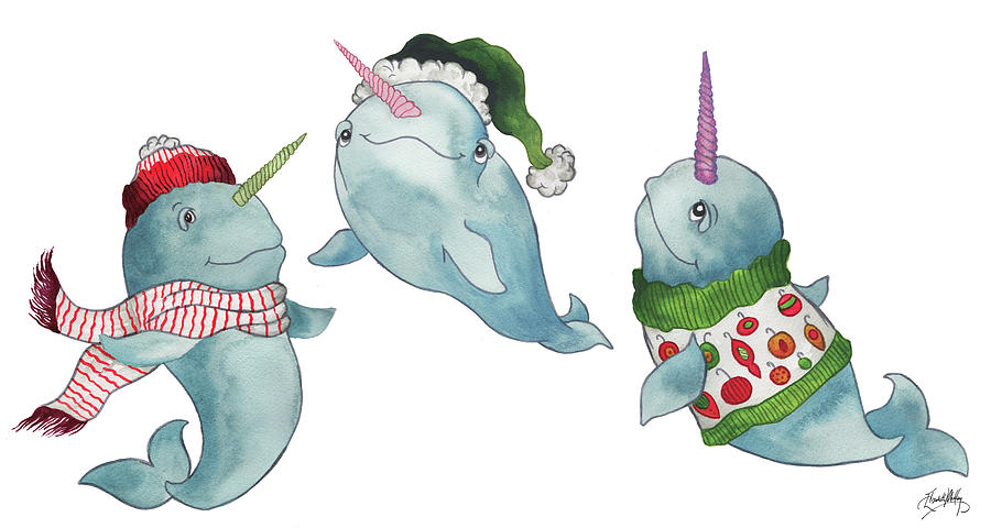 Christmas Painting - Christmas Narwhals by Elizabeth Medley