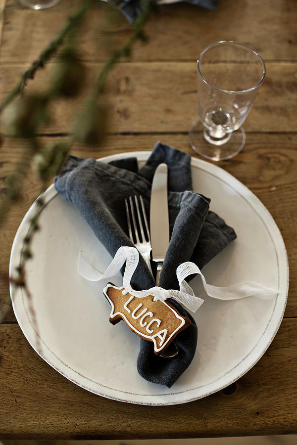 Christmas Place Setting Decorated With Gingerbread Piggy Name Card Photograph by Lykke Foged & Morten Holtum