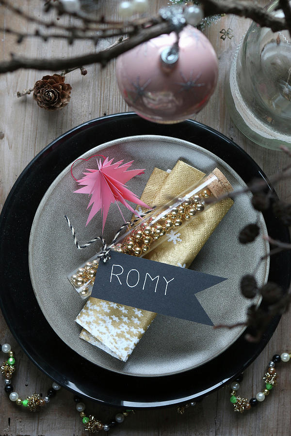 Christmas Place Setting With Golden Serviette, Name Tag And Gold Beads In Test Tube Photograph by Regina Hippel