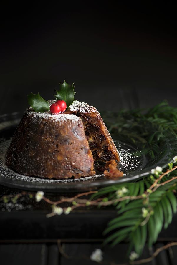 Christmas Pudding Decorated With Holly, Sliced Photograph by Magdalena Hendey