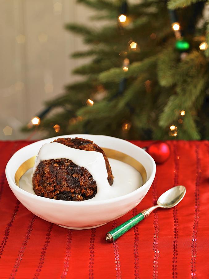 Christmas Pudding With Brandy Sauce Photograph by Alex Luck