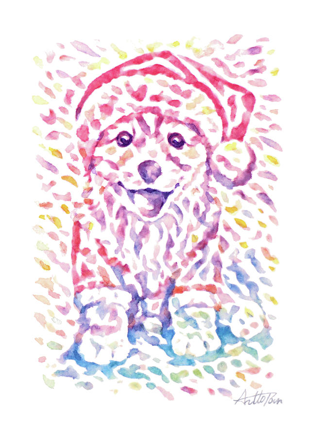 Christmas-Puppy,Dog,Dress up,Make,Santa Claus,Doggie,Pup,Watercolor,Colourful,Dazzling,Hand-painted Drawing by Artto Pan