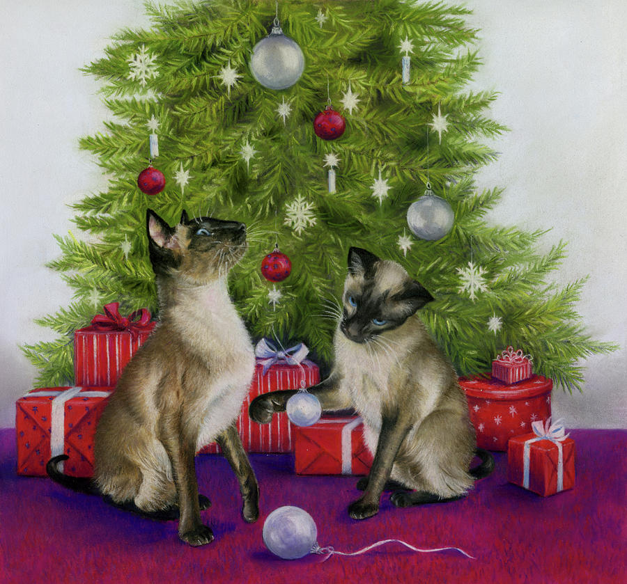 Animal Painting - Christmas Siamese Cats by Janet Pidoux