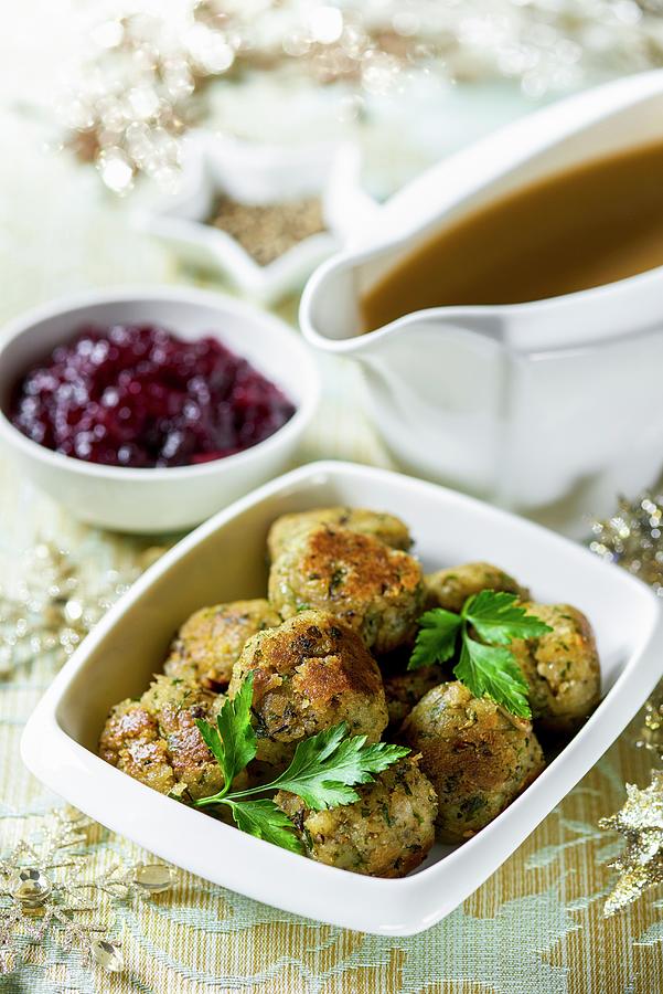 Christmas Side Dishes: Bread Stuffing Balls, Cranberry Sauce And Gravy Photograph by Jonathan Short