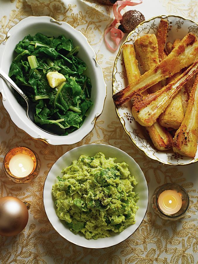 Christmas Side Dishes: Brussels Sprout Mash, Chard And Parsnips With Cheese Photograph by Dan Jones