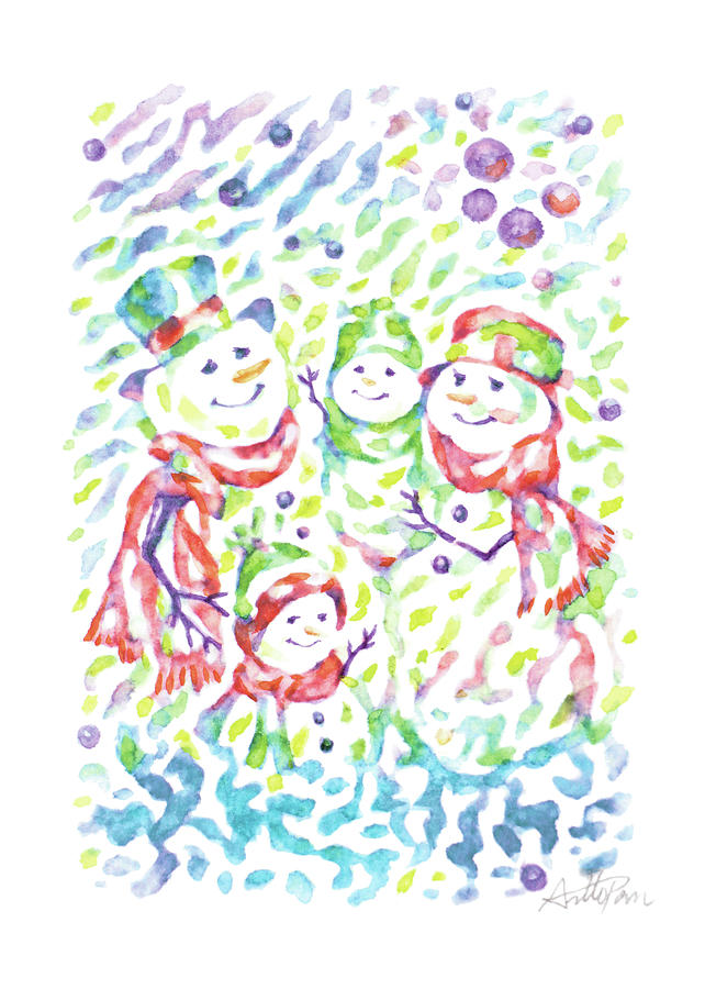 Christmas-Snowman,Family,Watercolor,Colourful,Dazzling,ImpressionismHandmade,Hand-painted,Greeting Painting by Artto Pan
