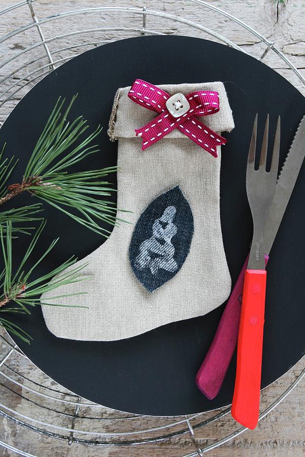 Christmas Stocking craft Project On Plate With Cutlery Photograph by Regina Hippel