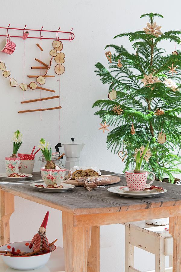 Christmas Table Decorated With Hyacinths In Vintage Cups, Stollen Fruit Cake, Espresso Pot, Small Christmas Tree With Straw Stars And Garlands Of Dried Apple Slices Against Wall Photograph by Syl Loves