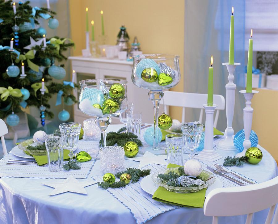 Christmas Table Decoration In Blue And Green Photograph by Strauss, Friedrich