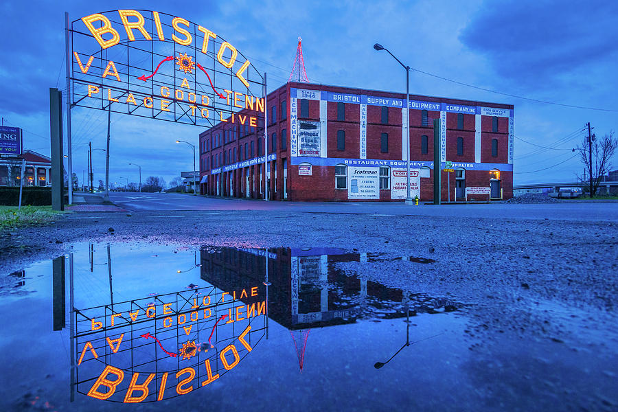 Christmas Tree and Bristol Sign Reflection Photograph by Greg Booher