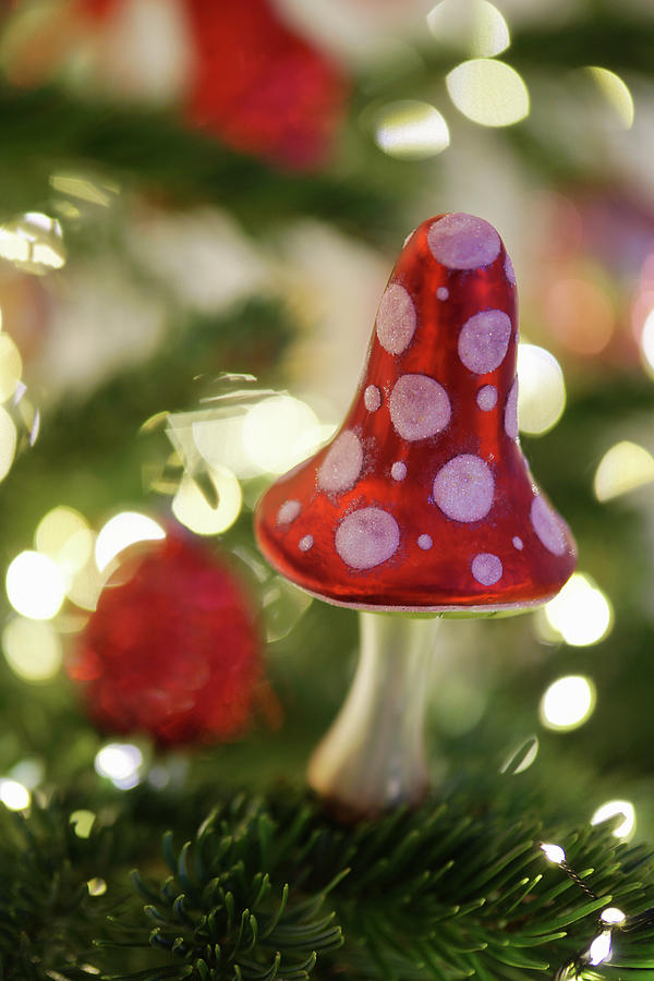Christmas Tree Decoration In Shape Of Fly Agaric Mushroom Surrounded By Sparkling Lights Photograph by Angelica Linnhoff