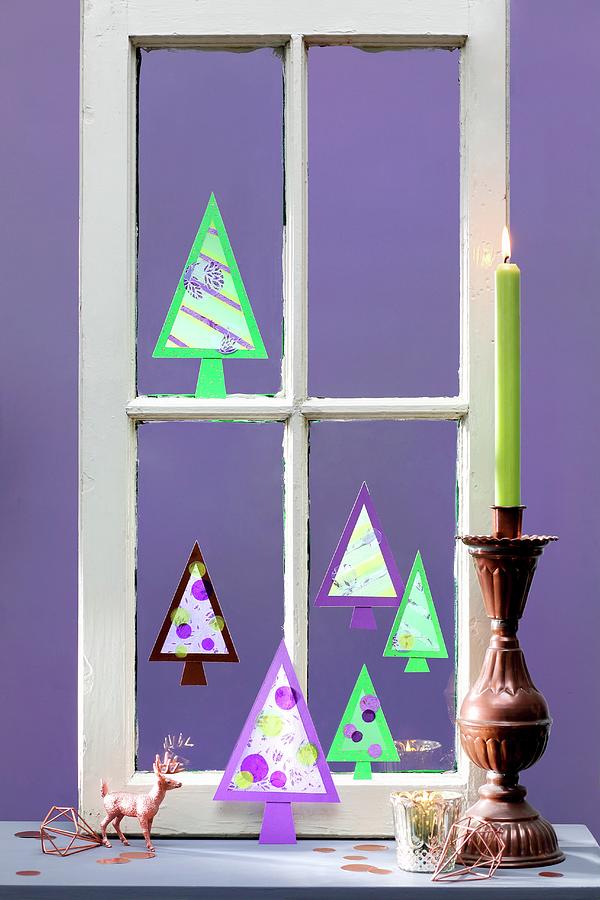 Christmas Trees Hand-crafted From Paper In Old Window Frame Photograph by Thordis Rggeberg