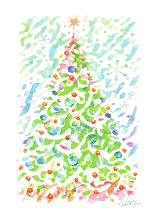 Christmas-Tree,Watercolor,Colourful,Dazzling,Impressionism,Handmade,Hand-painted,Greeting Card Drawing by Artto Pan