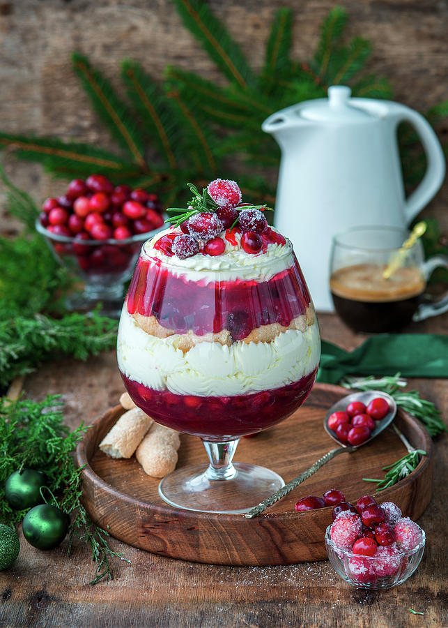 Christmas Trifle With Cranberry Jelly, Cream Cheese And Sponge Cookies Photograph by Irina Meliukh