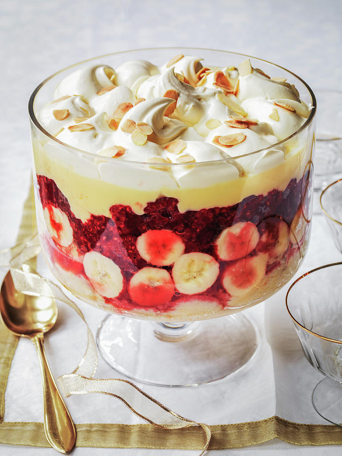Christmas Trifle With Raspberries And Banana, Whipped Cream And Custard With Toasted Almonds Photograph by Michael Paul