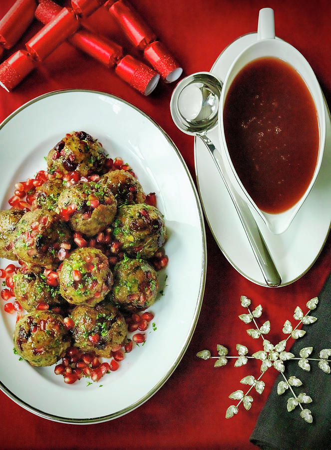 Christmas Turkey Sausage Meat Onion And Herb Stuffing With Pomegranite Seeds And Red Wine Gravy Photograph by Michael Paul