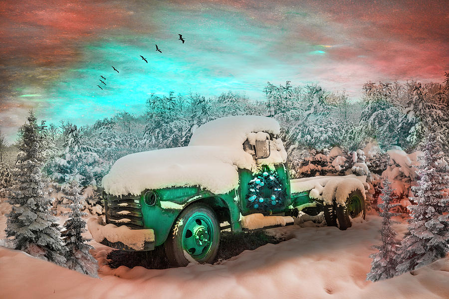 Christmas Turquoise Chevy Pickup Truck in the Snow Photograph by Debra and Dave Vanderlaan