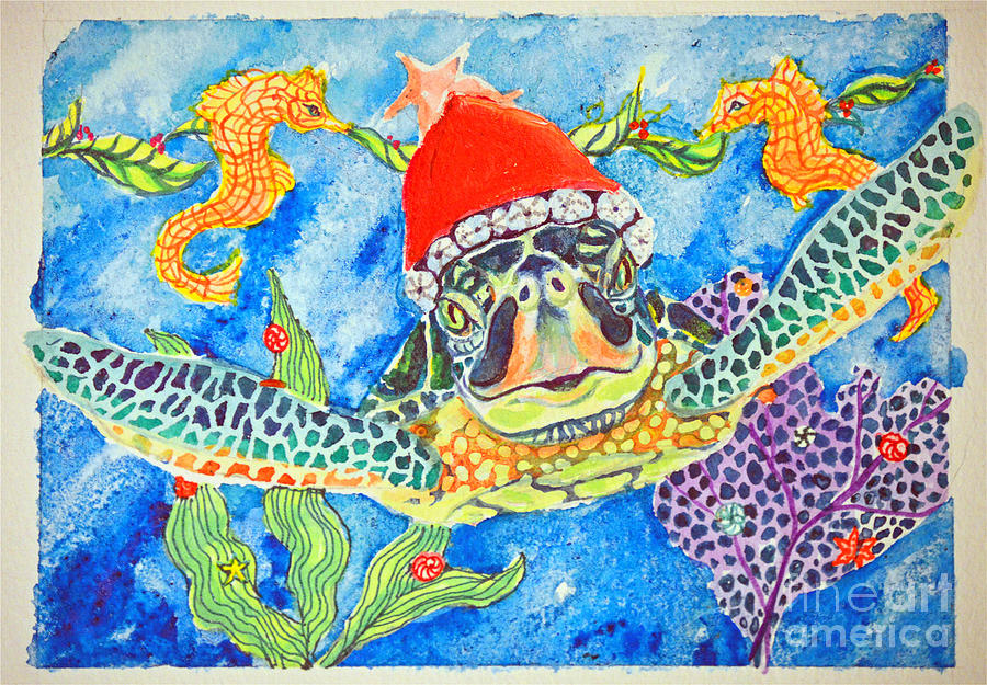 Christmas Turtle Painting by Li Newton