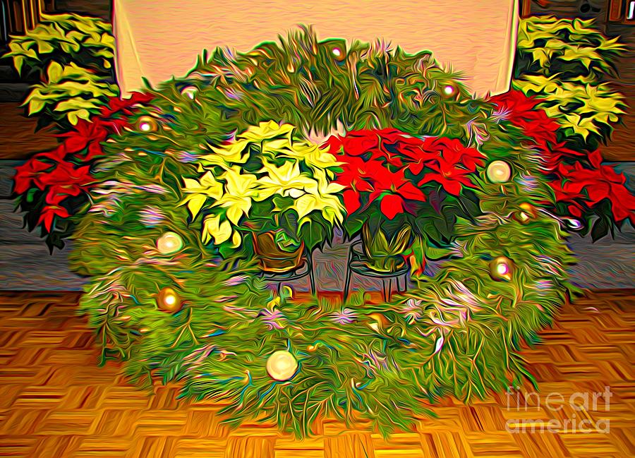 Christmas Wreath and Poinsettias Abstract Expressionism Effect Photograph by Rose Santuci-Sofranko
