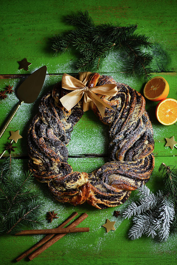 Christmas Wreath Of Yeast Dough With Poppy Seeds Photograph by Karolina Polkowska