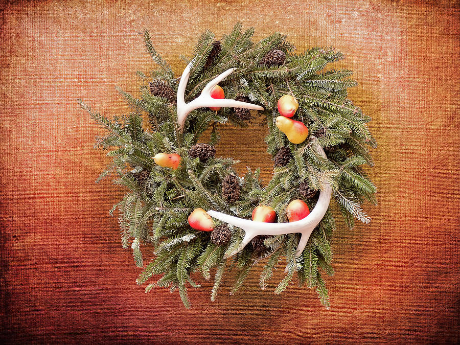 Christmas Mixed Media - Christmas Wreath With Deer Antlers by Leslie Montgomery