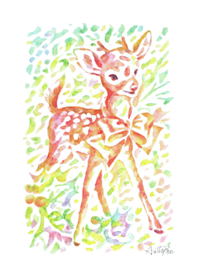 Christmas,Fawn,Deerlet,Reindeer,Mule,Deer,Antler,Elk,Watercolor,Colourful,Impressionism,Hand-painted Painting by Artto Pan