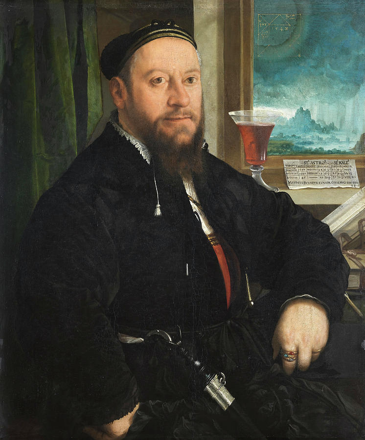 Christoph Amberger --?-, ca. 1505-Augsburg, 1561/62-. Portrait of Matthaus Schwarz -1542-. Oil on... Painting by Christoph Amberger -c 1490-1562-