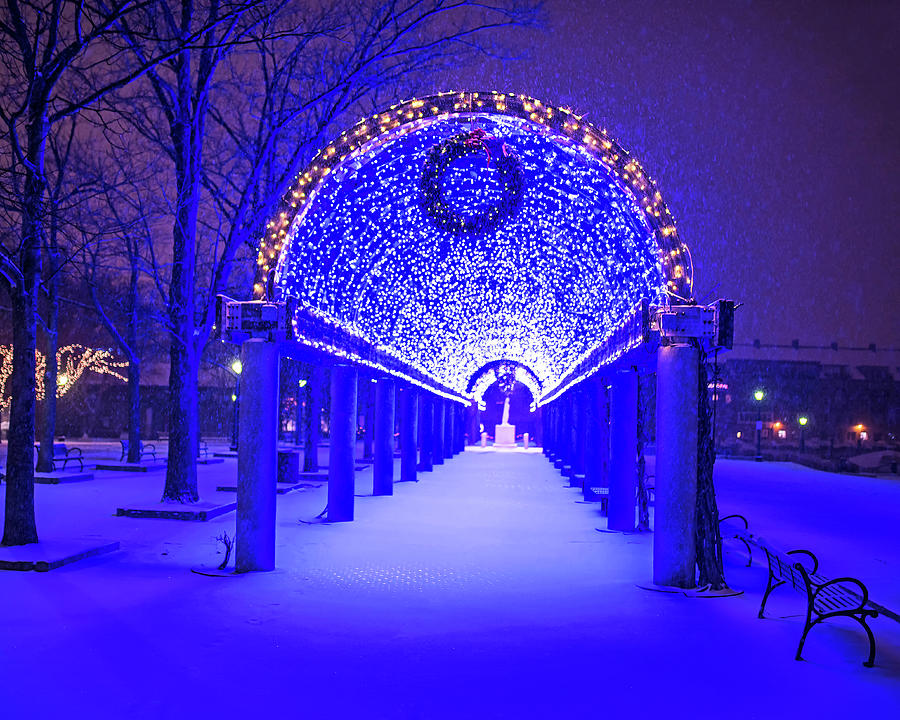 Christopher Columbus Park Trellis lit up for Christmas Snowstorm Boston MA Bench Photograph by Toby McGuire